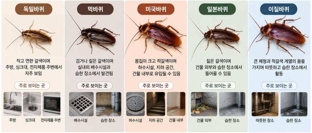 독일바퀴 먹바퀴 미국바퀴 일본바퀴 이질바퀴 비교